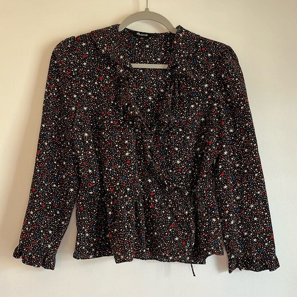 Madewell 100% Silk Ruffle Hem Wrap Top Size S Starry Night Boho Whimsigoth
